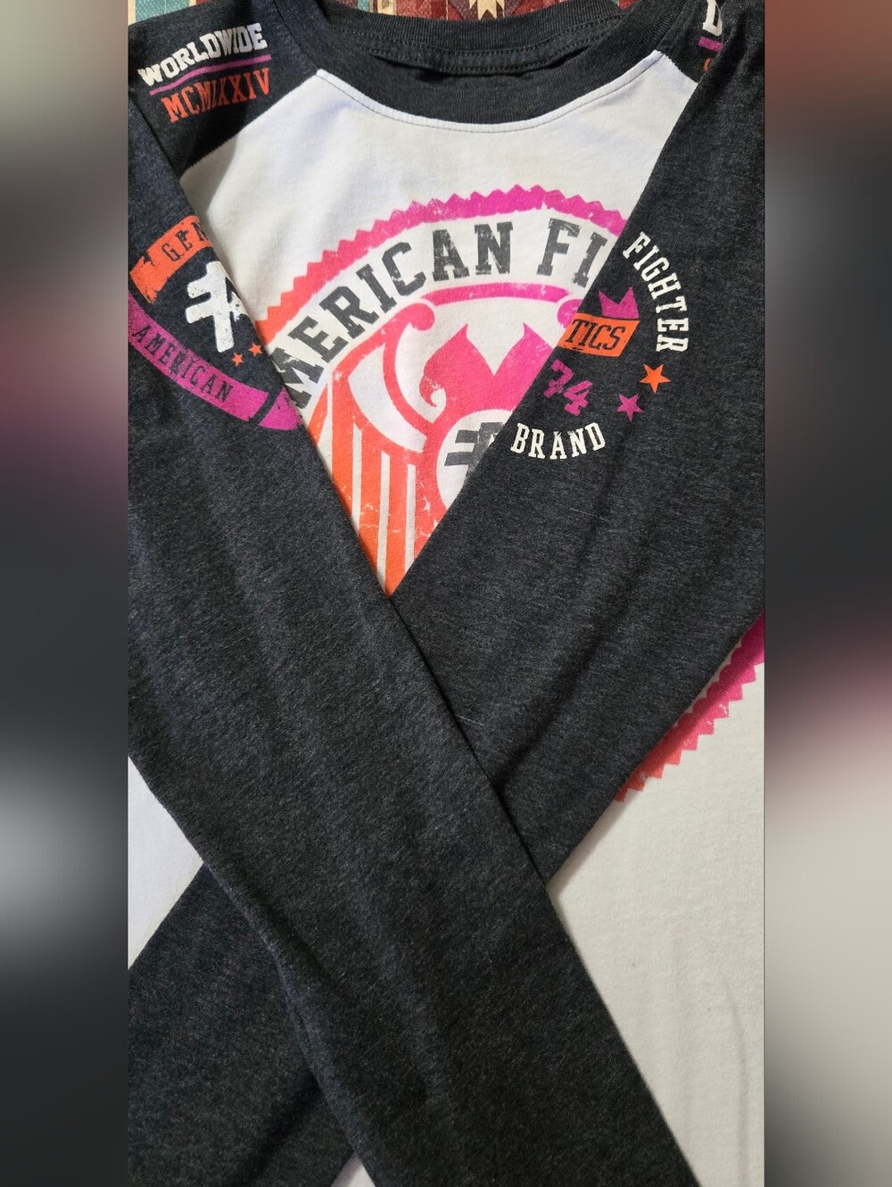 American Fighter Dark Gray Raglan Tee with Pink & Orange Graphic Small